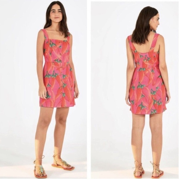 FARM Rio Red Pepper Tropical Linen Mini Dress Sz XS Resortwear Vacation - Picture 1 of 10